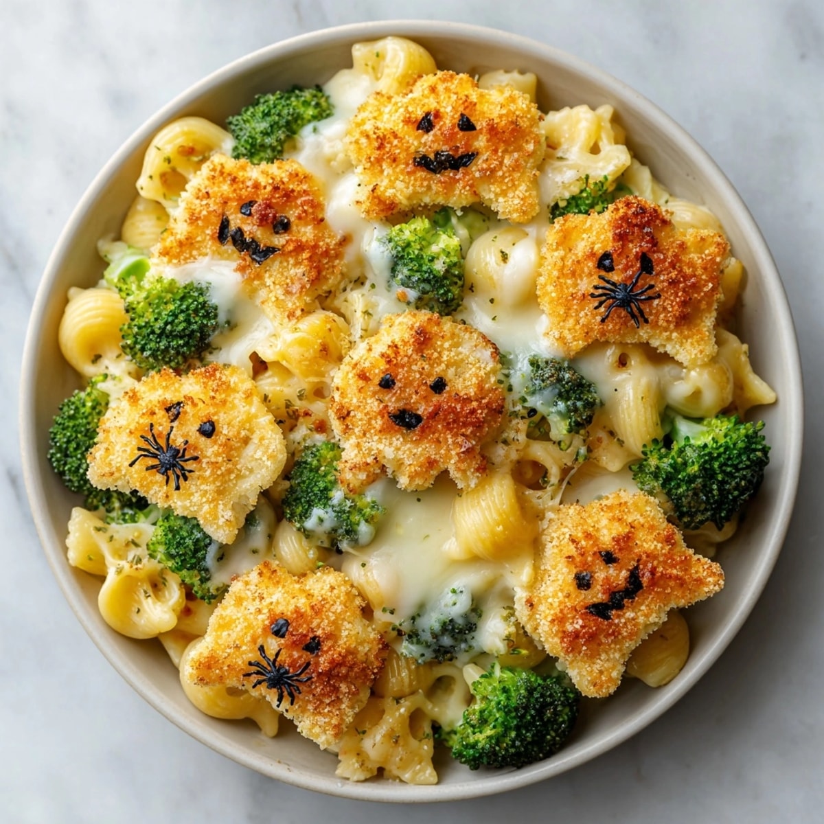 Enjoy a hearty helping of this cheesy Halloween Cheesy Broccoli Pasta Bake with crisp breadcrumb topping.