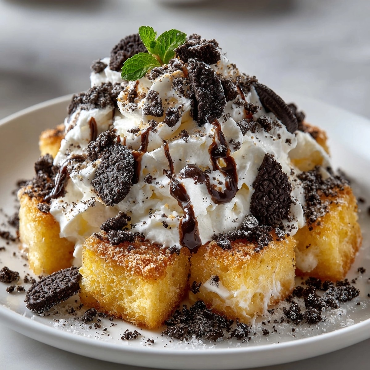 Close-up of Chaos Cake Oreo Crumb Pasta Dessert; layered with creamy filling and crunchy crumbs.