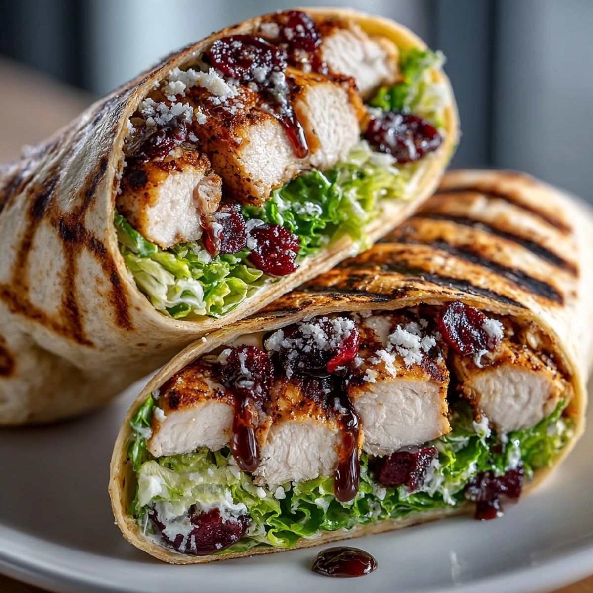 Cherry Balsamic Chicken Caesar Wraps, a colorful wrap filled with fresh grilled chicken and sweet cherries.