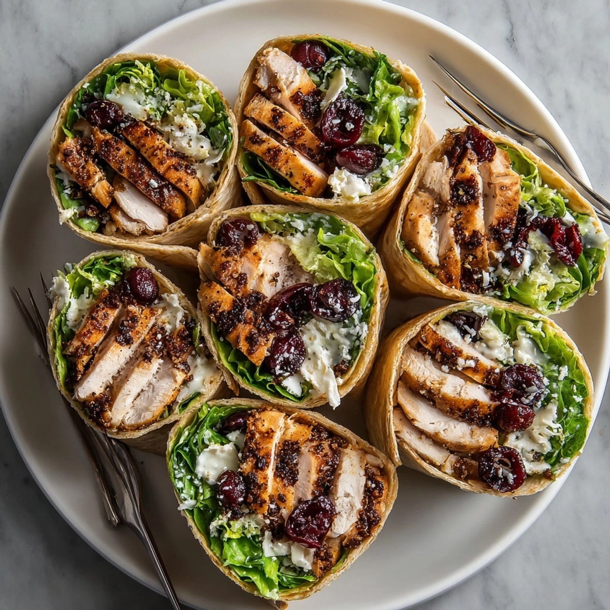 Close-up of plated Cherry Balsamic Chicken Caesar Wraps, ready to eat, featuring textures of a perfect meal.