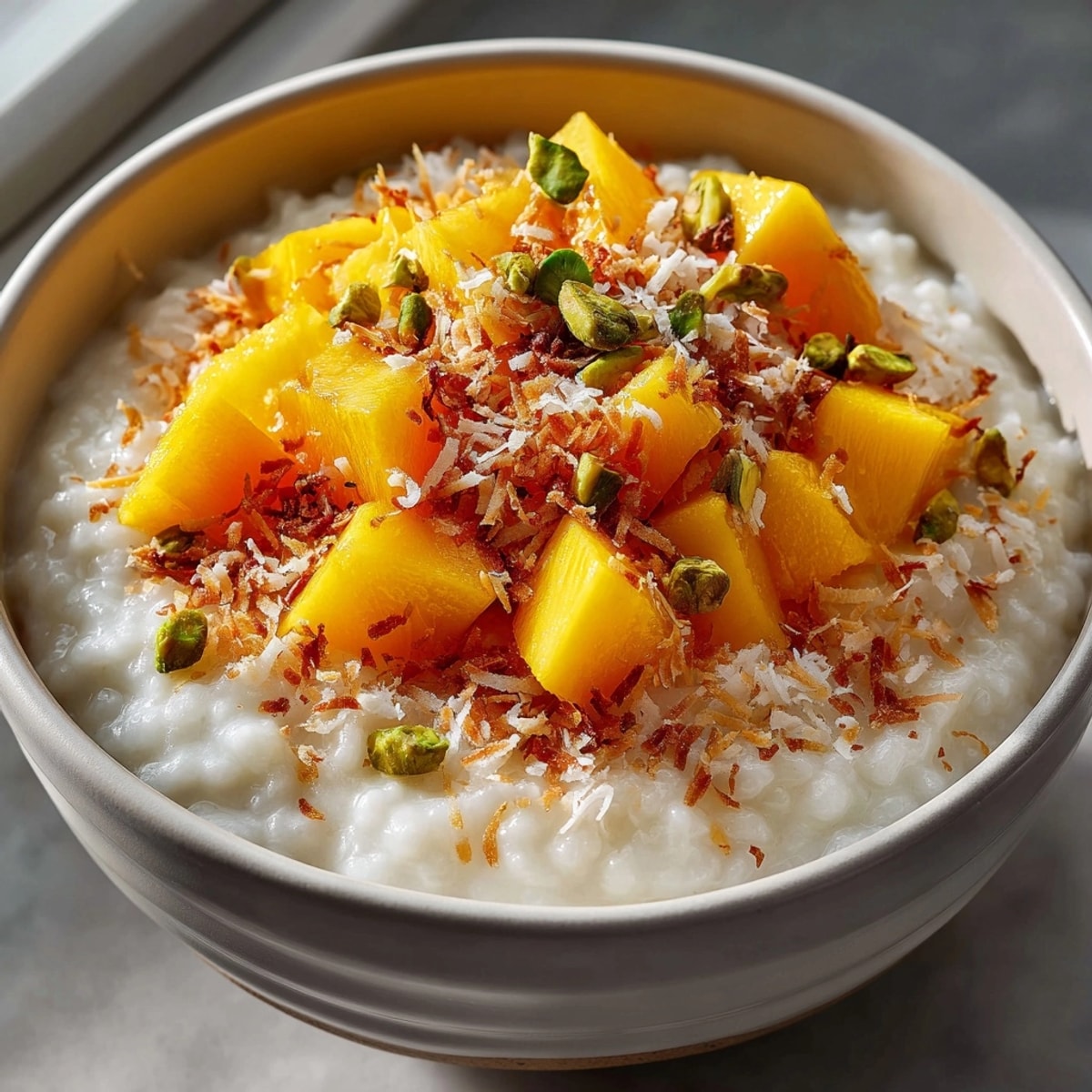 Creamy coconut rice pudding topped with fresh mango, perfect for a light dessert.