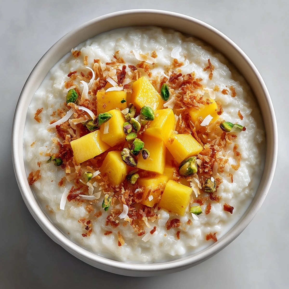 A close-up of delicious coconut rice pudding, offering a taste of tropical comfort.