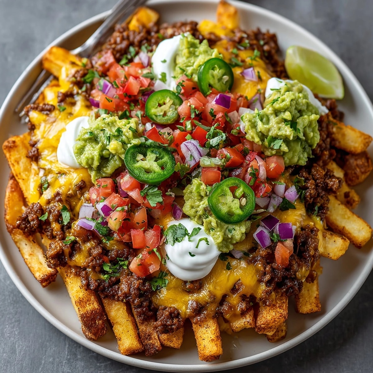 Golden, crispy Loaded Nacho Fries: a Tex-Mex feast, brimming with toppings and melted cheese.