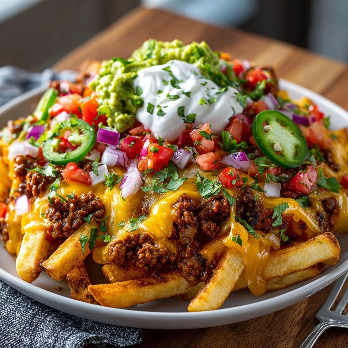 Imagine these Loaded Nacho Fries, a savory symphony of taco beef and melted cheese in a dish.