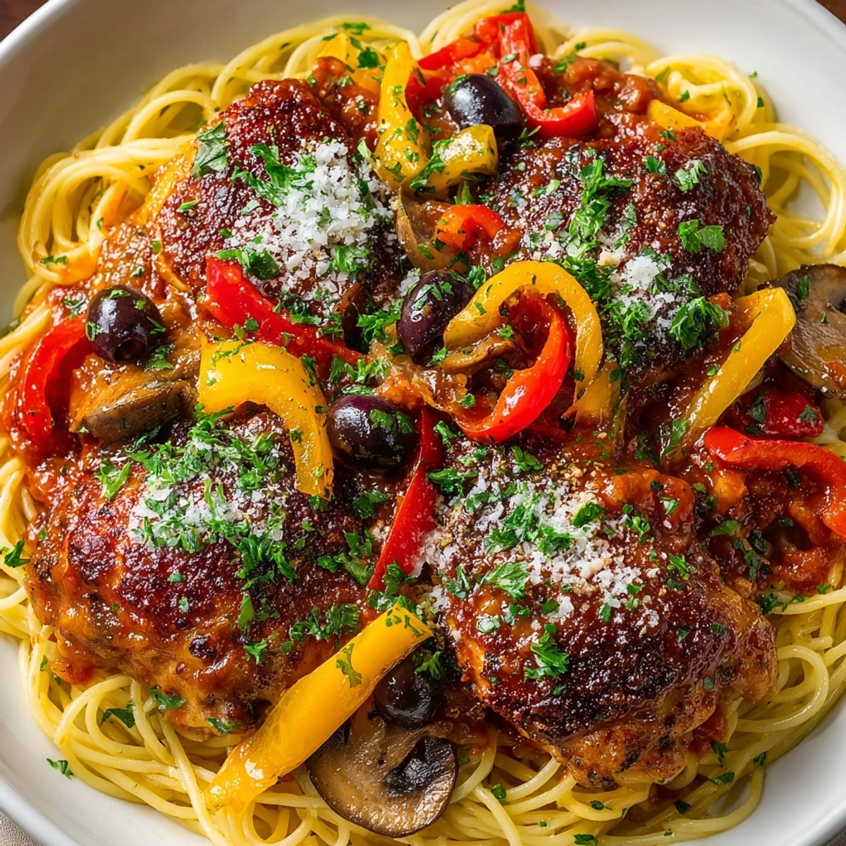 Chicken Cacciatore with pasta, a hearty Italian meal full of juicy chicken and vibrant sauce.
