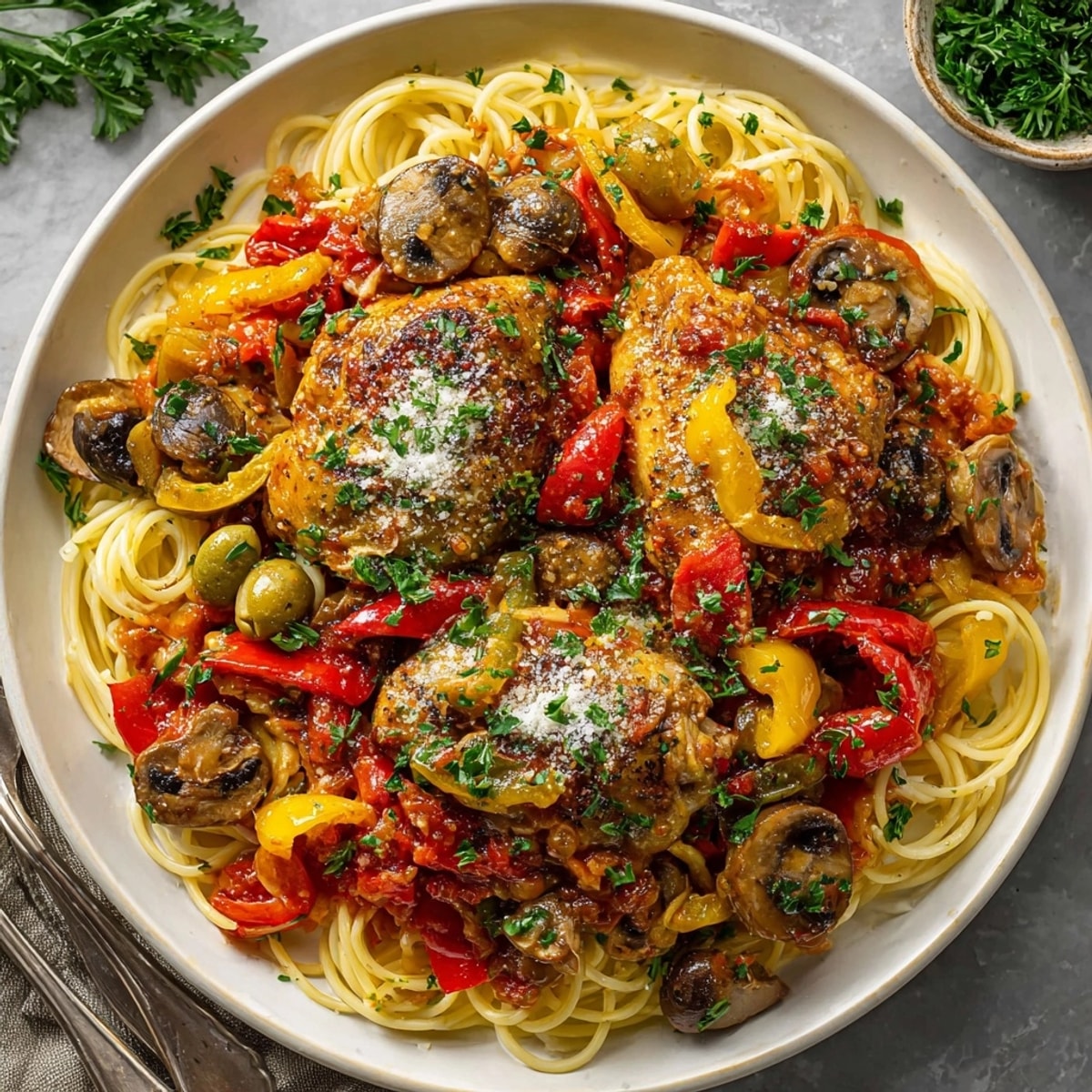 Enjoy a comforting plate of chicken cacciatore; the Italian classic with flavorful vegetables and herbs.