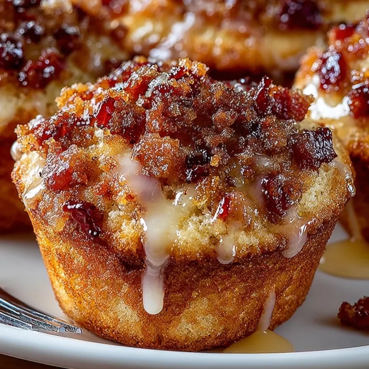 Fresh from the oven, a close-up of decadent Maple Bacon Pancake Muffins dripping with sweet glaze.