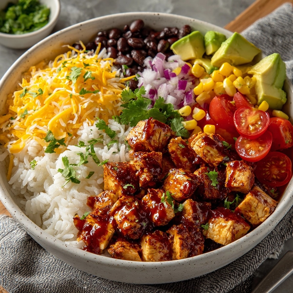 Chicken Enchilada Rice Bowl: a close-up shot shows vibrant ingredients and textures, ready to enjoy.