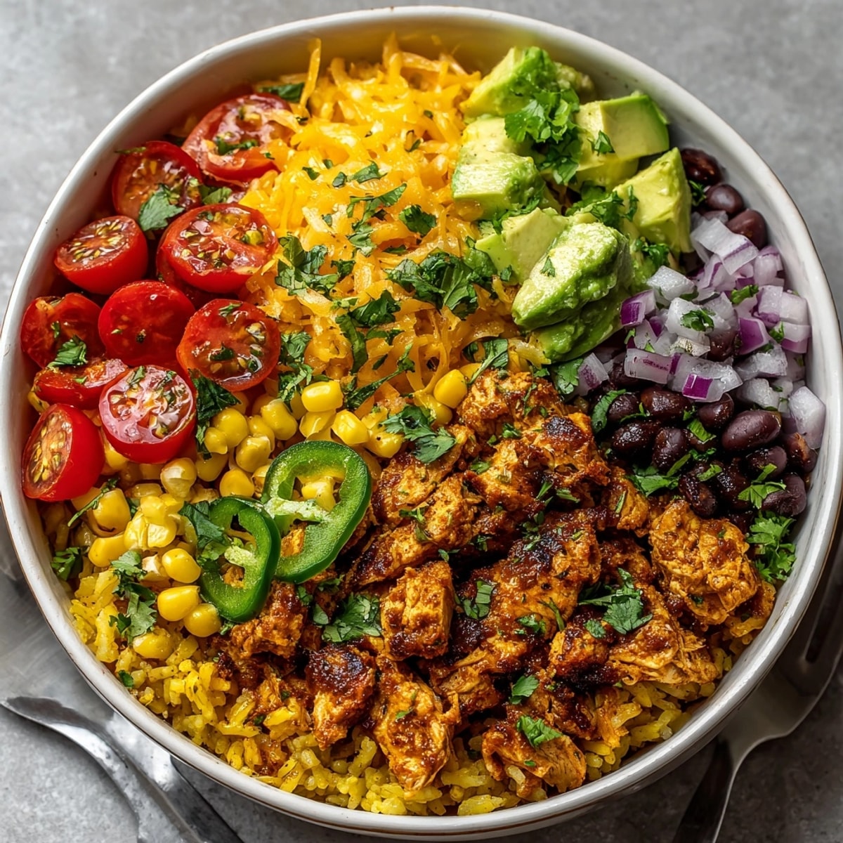 This colorful Chicken Enchilada Rice Bowl features a comforting blend of rice, chicken, and fresh toppings, invitingly plated.