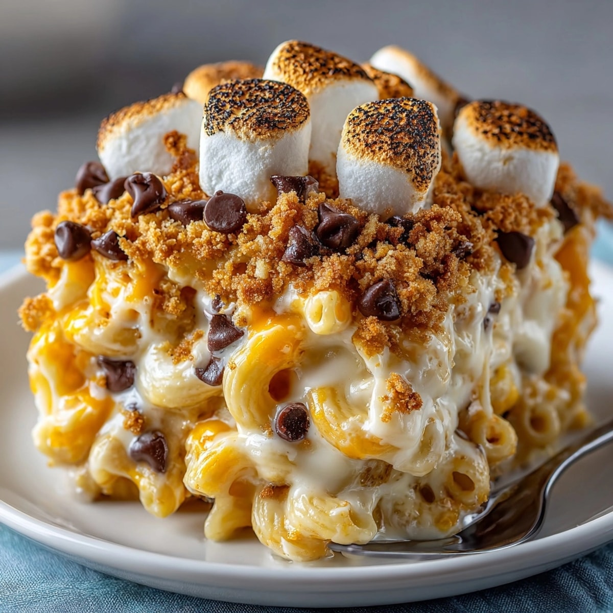 Golden-brown s'mores mac and cheese, topped with melted marshmallows and crunchy graham crackers.