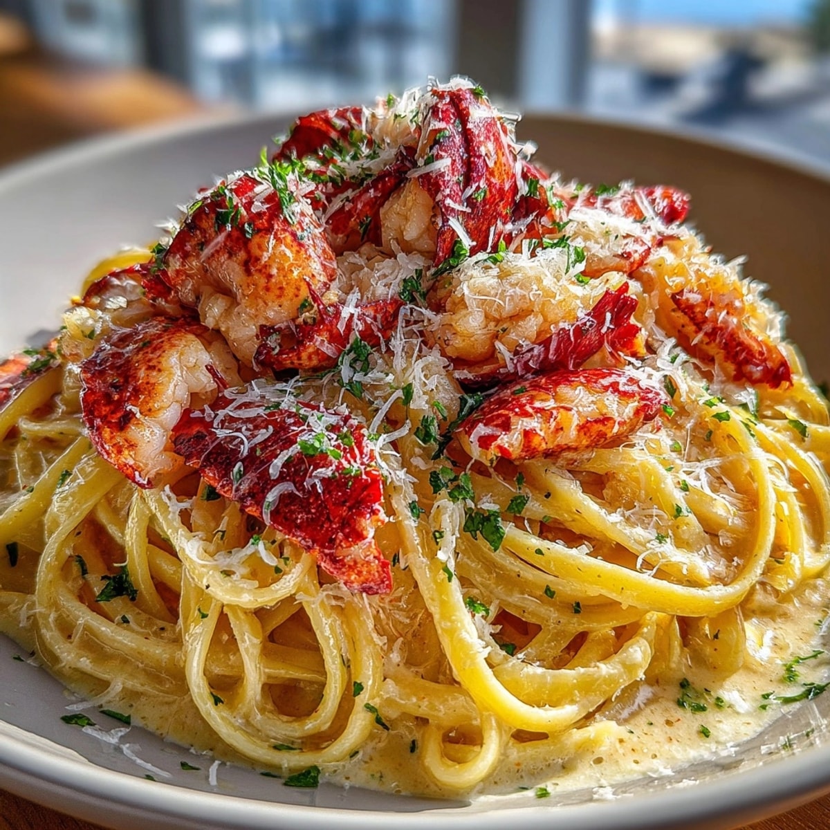 Lobster Thermidor Pasta, rich and creamy, showcasing succulent lobster in a luscious Cognac sauce.