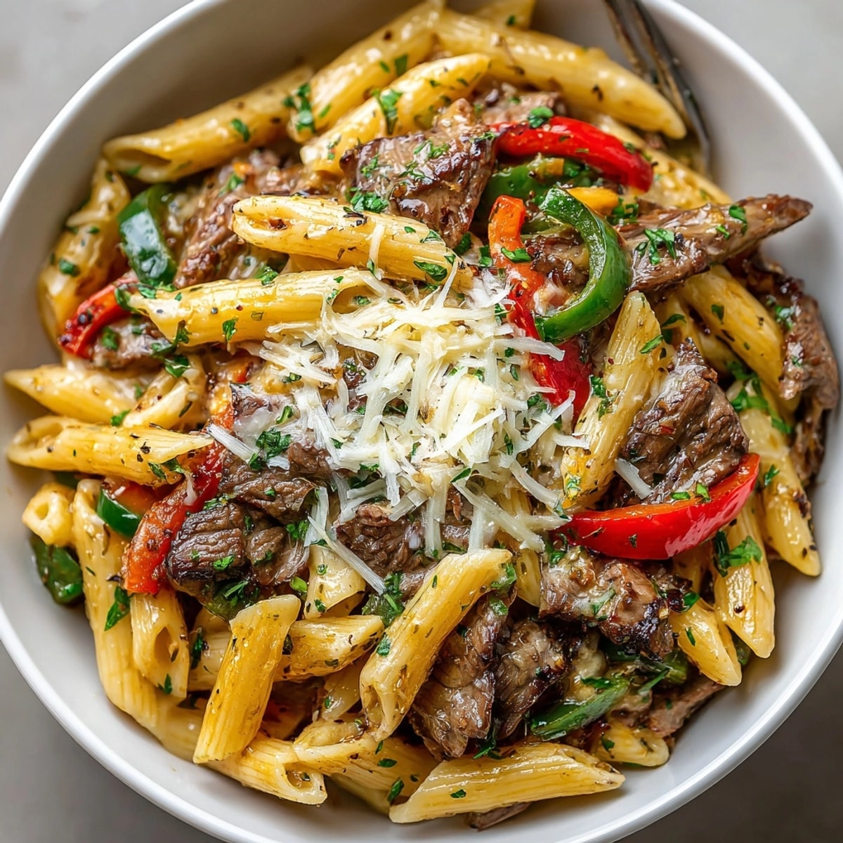 Creamy Philly Cheesesteak Pasta with melting provolone foam topping; a gourmet comfort food delight.