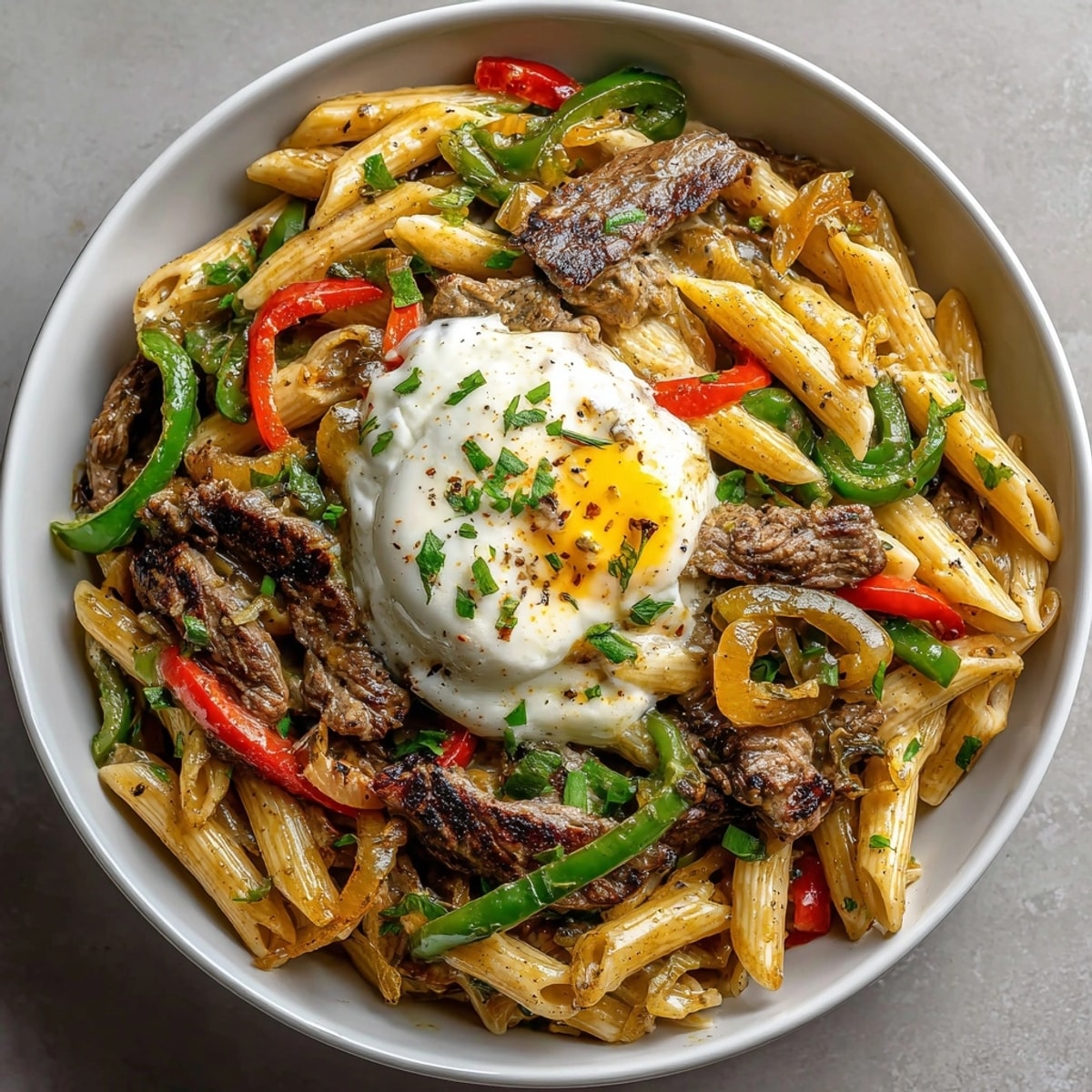 Delectable bowl of Philly Cheesesteak Pasta with fluffy provolone foam, ready to be enjoyed.