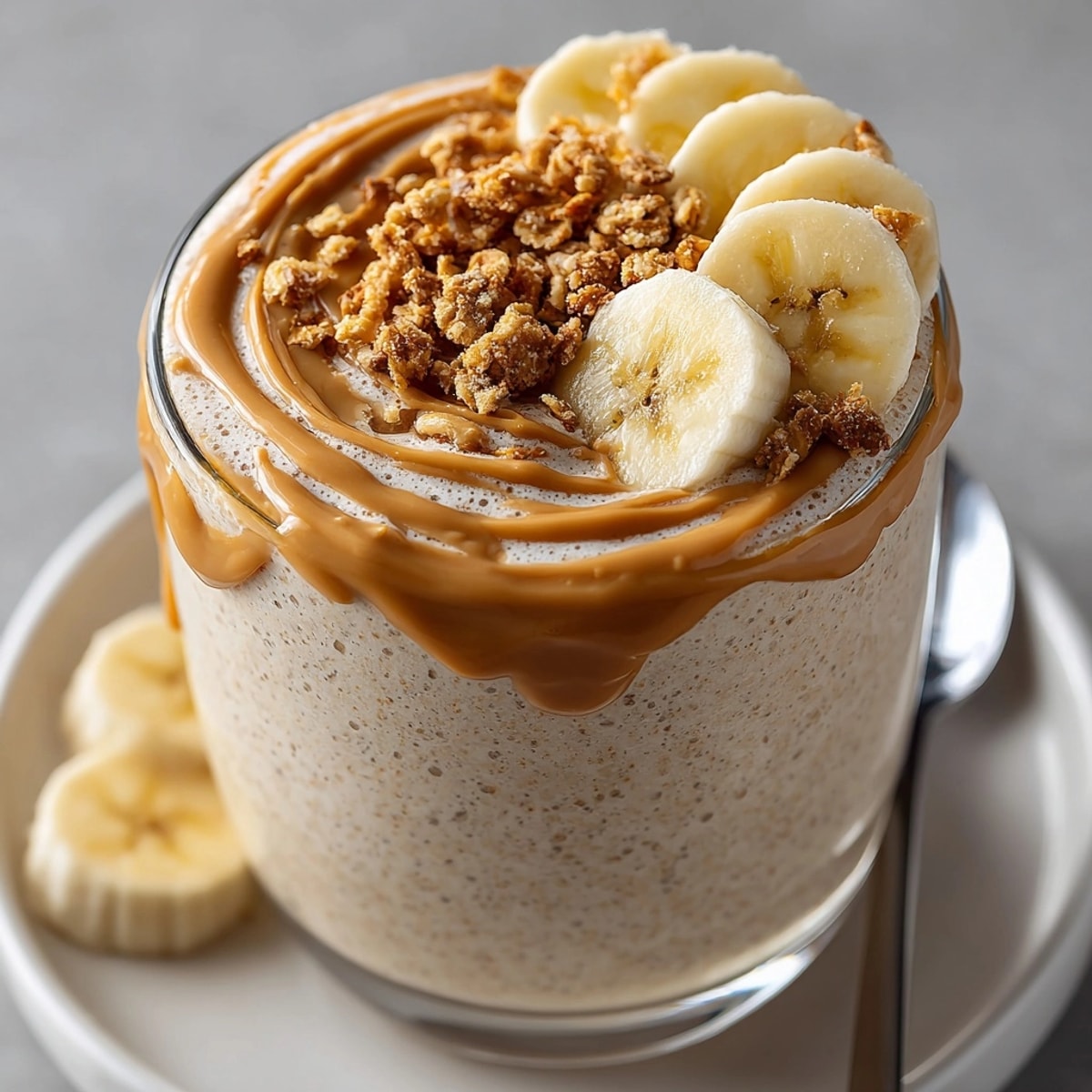 Refreshing peanut butter banana smoothie in a tall glass, topped with sliced bananas and drizzled peanut butter.