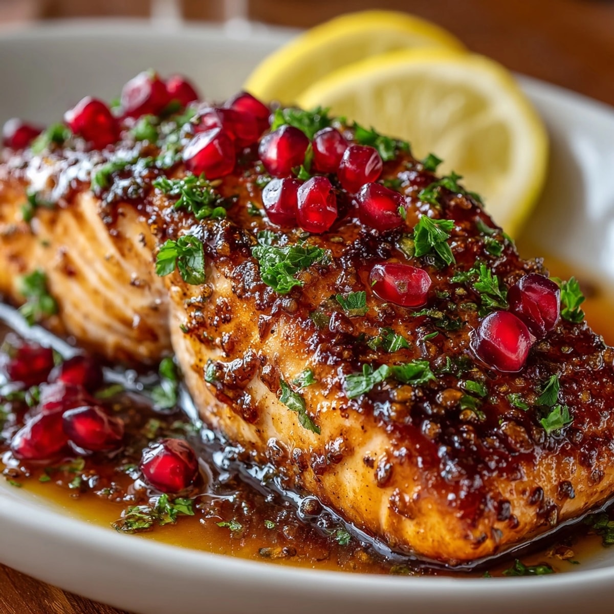 Pomegranate Balsamic Glazed Salmon fillet on a plate, garnished with fresh pomegranate seeds and parsley.