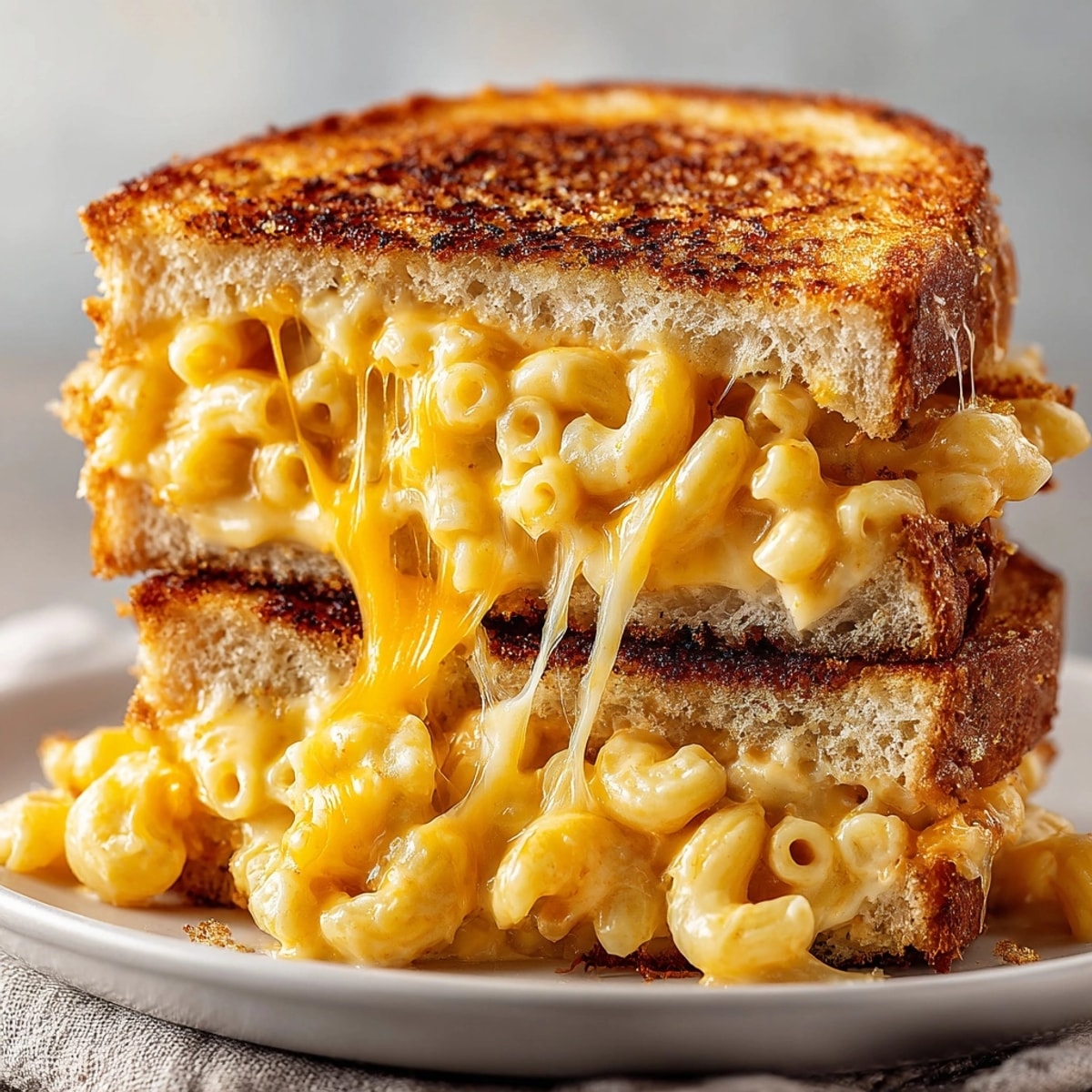 Close-up of golden-brown mac and cheese grilled cheese sandwich oozing creamy cheddar filling.