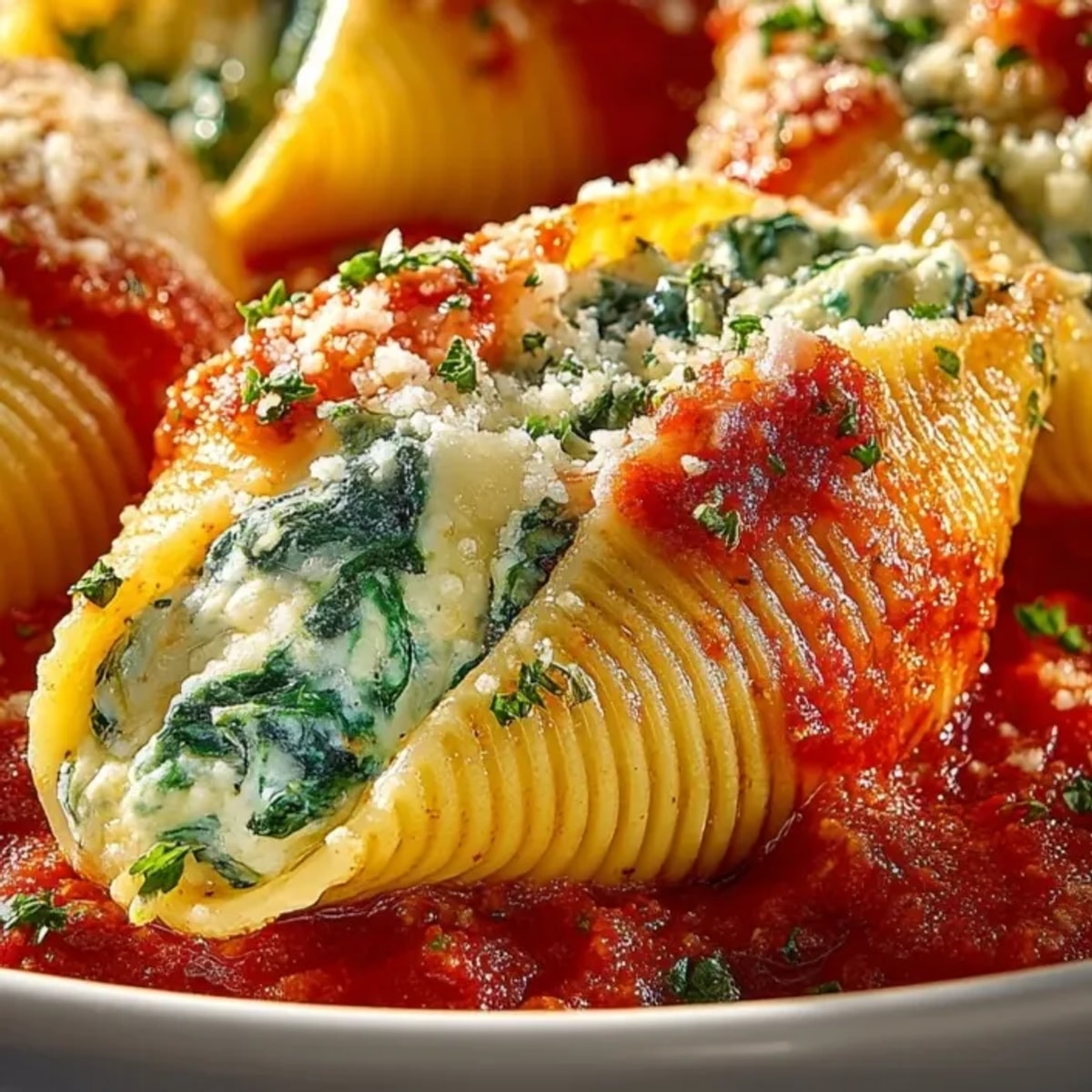 Ricotta stuffed shells with spinach baked in marinara sauce, topped with melted mozzarella cheese.