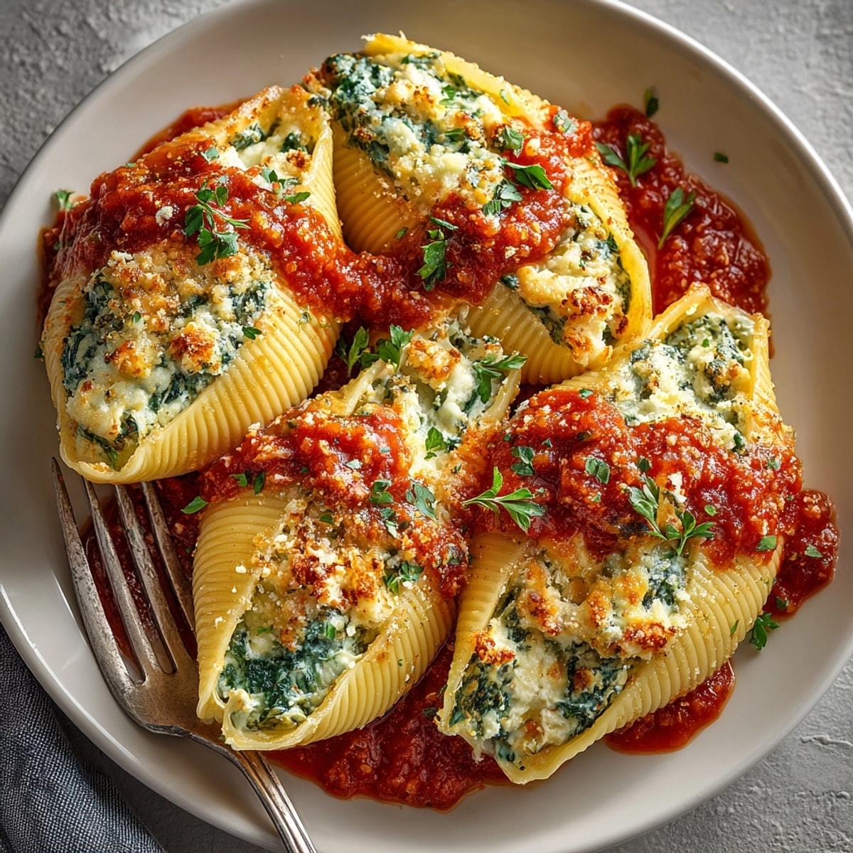 Close up of creamy ricotta spinach stuffed shells fresh from the oven, served hot and bubbling.