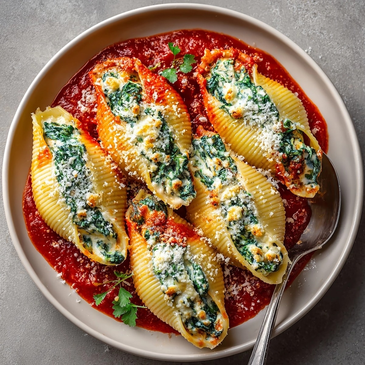 Classic Italian ricotta stuffed shells with spinach garnished with Parmesan, perfect for a cozy vegetarian dinner.