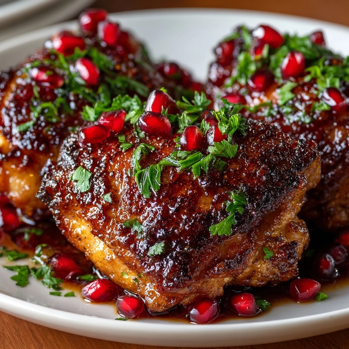 Pomegranate Glazed Chicken Thighs topped with fresh pomegranate seeds and chopped parsley for a colorful finish.