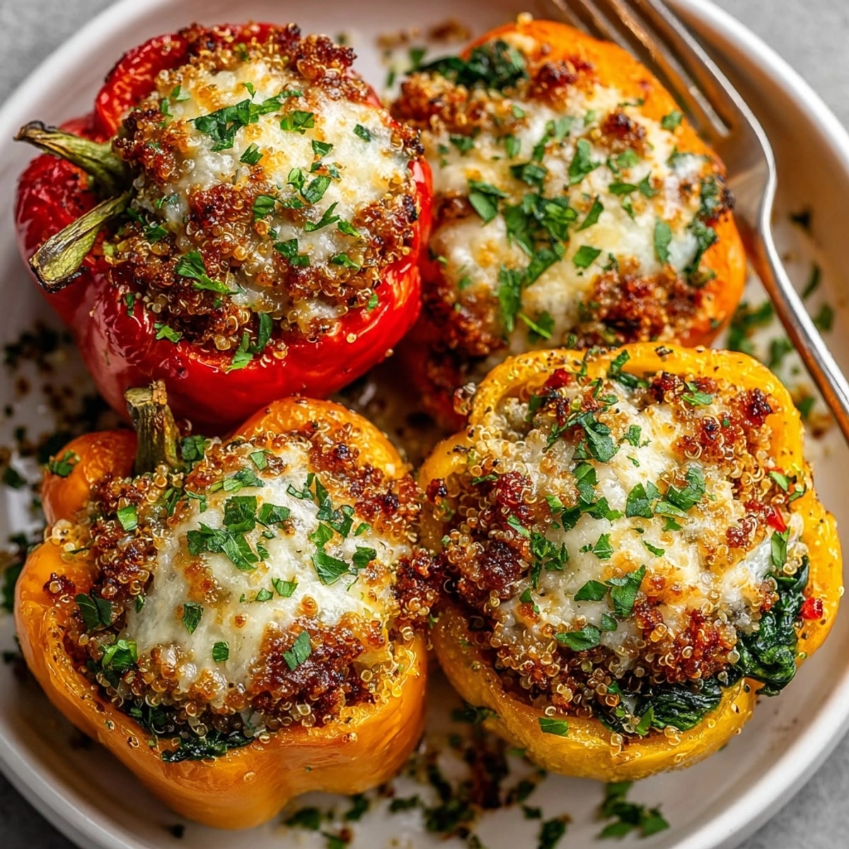 Stuffed cheese bell peppers with ground turkey, topped with bubbling mozzarella and fresh parsley.