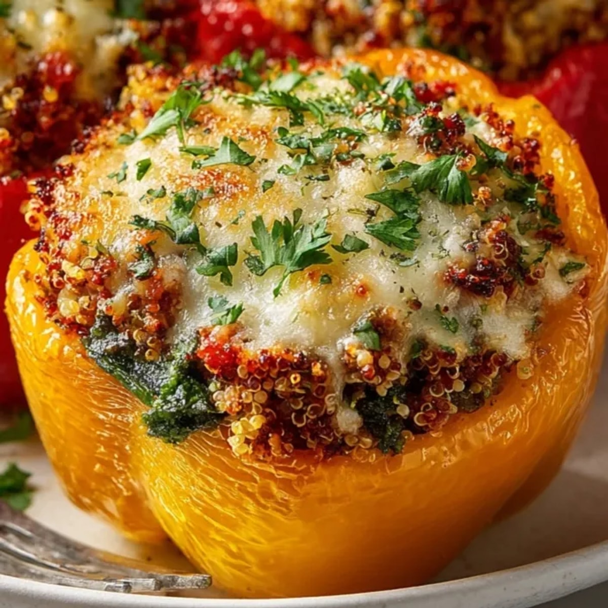 Juicy stuffed cheese bell peppers with ground turkey, quinoa filling, and melted golden cheese.