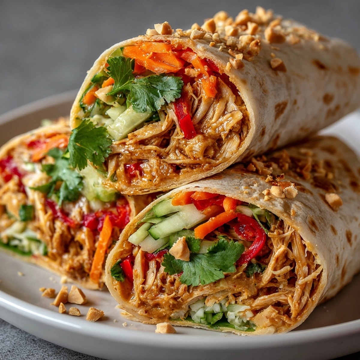 Thai Peanut Chicken Salad Wraps bursting with colorful vegetables and creamy sauce in flour tortillas.