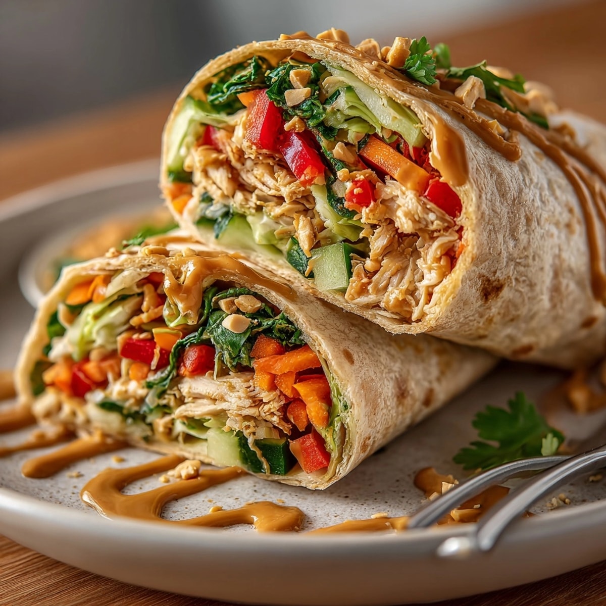 Close-up of Thai Peanut Chicken Salad Wraps, fresh herbs and chopped peanuts topping each wrap.