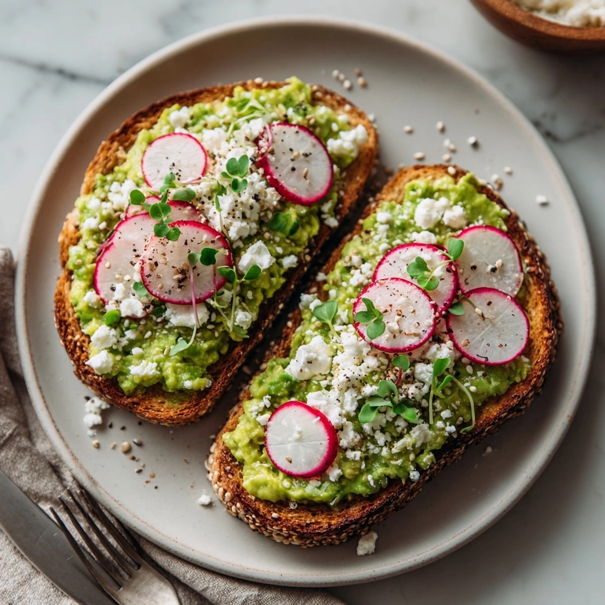Avocado Toast with Everything Bagel Seasoning on rustic bread, topped with fresh microgreens and vibrant sliced radishes.