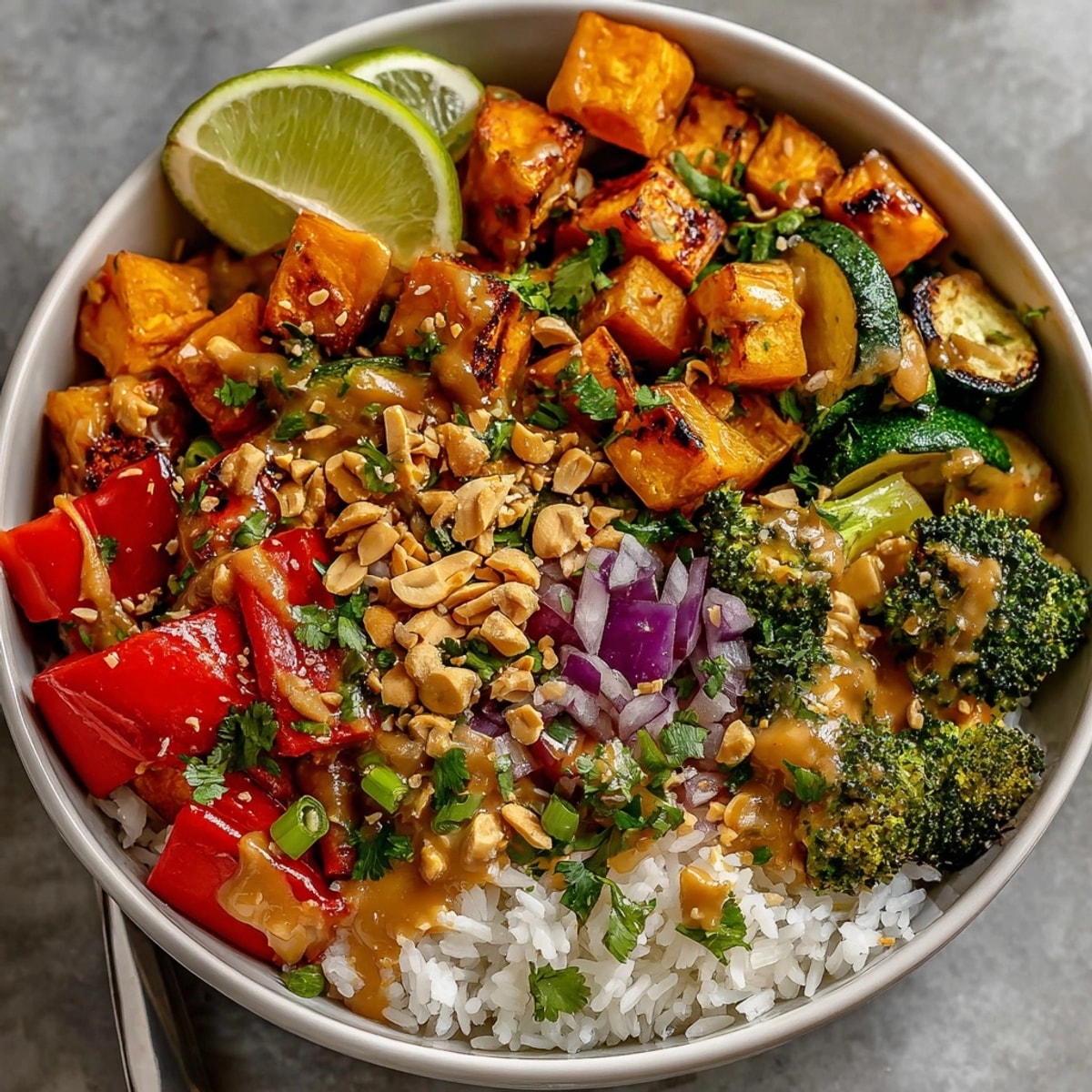 Colorful Thai Peanut Roasted Vegetable Bowl served over fluffy rice with fresh cilantro garnish.