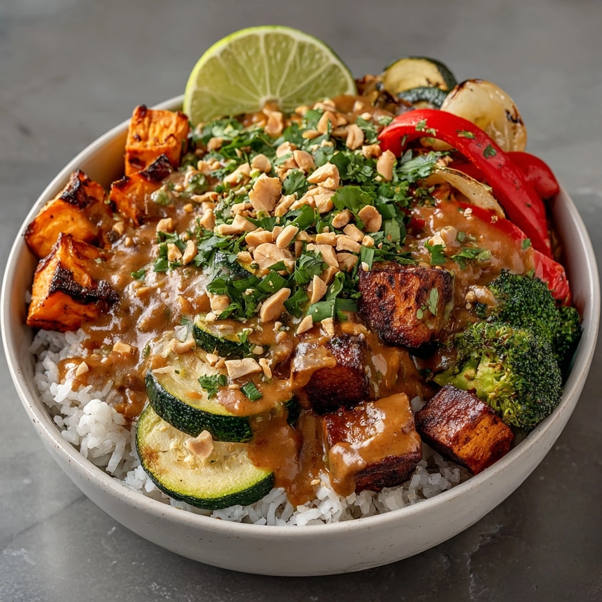 Gluten-free Thai Peanut Roasted Vegetable Bowl with roasted sweet potatoes and creamy peanut sauce.