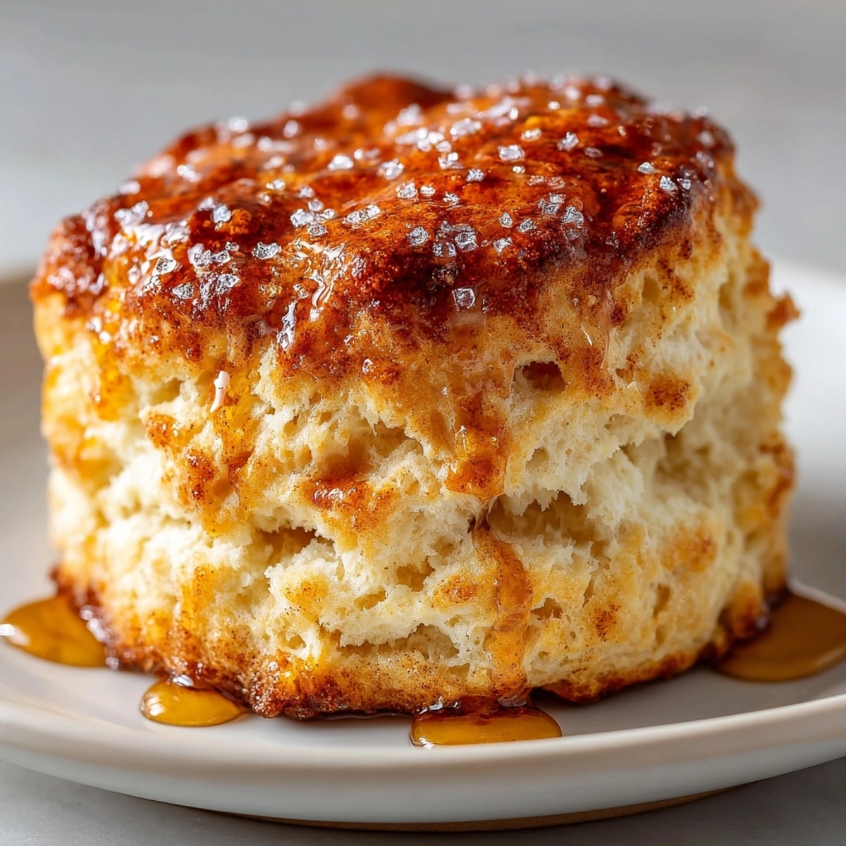 Cinnamon Honey Butter Biscuits stacked on a plate, golden brown with honey glaze glistening.