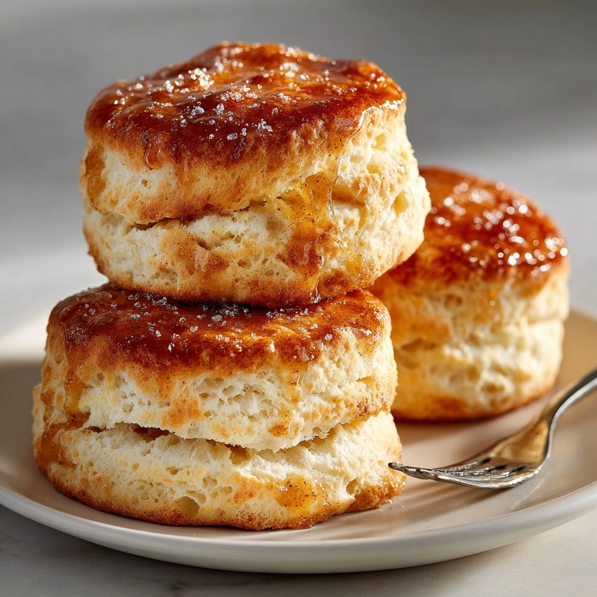 Warm Cinnamon Honey Butter Biscuits fresh from the oven, brushed with sweet, aromatic topping.