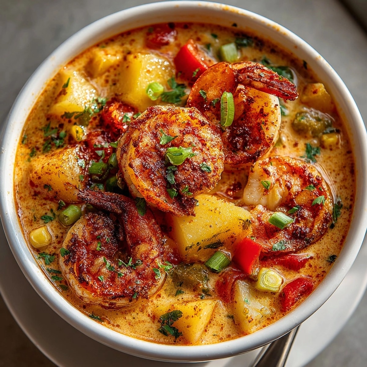 Creamy Cajun shrimp corn chowder topped with scallions, vibrant veggies, and juicy shrimp garnish.