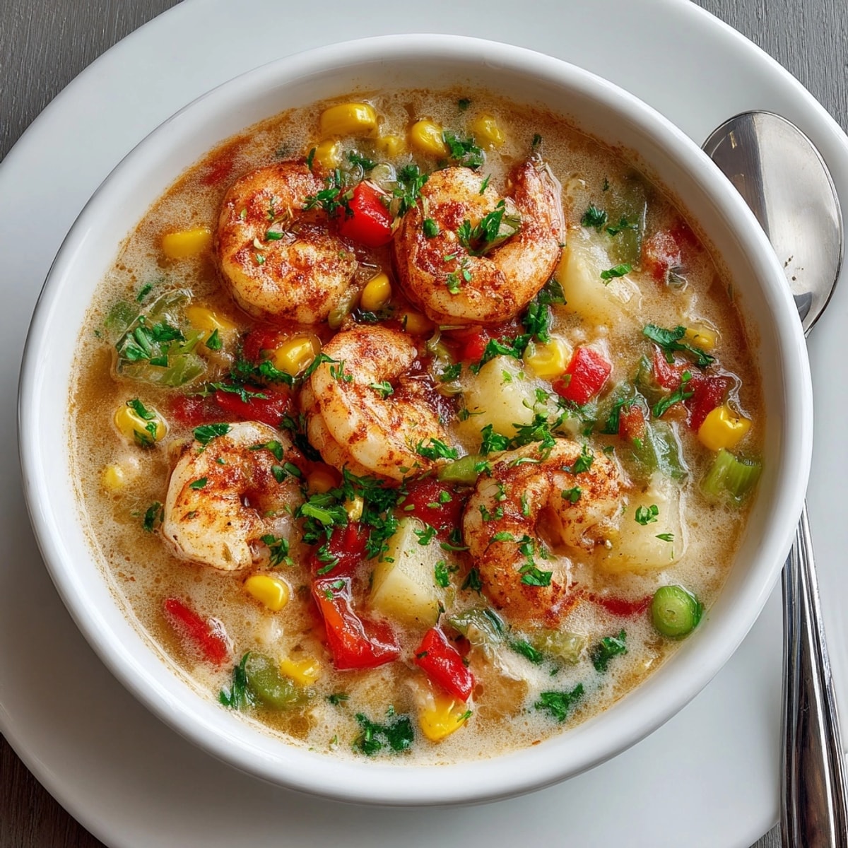 Hearty Cajun shrimp corn chowder served hot with crusty bread and a Southern comfort food flair.