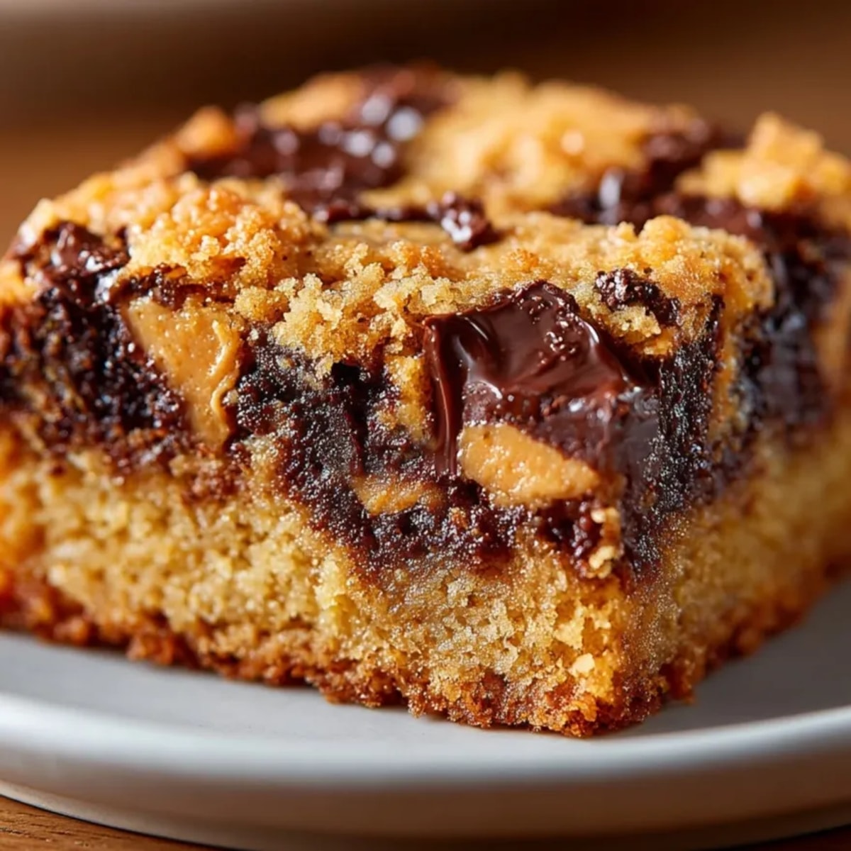 Chocolate Peanut Butter Blondies sliced into squares with swirls of peanut butter and melty chocolate chunks.