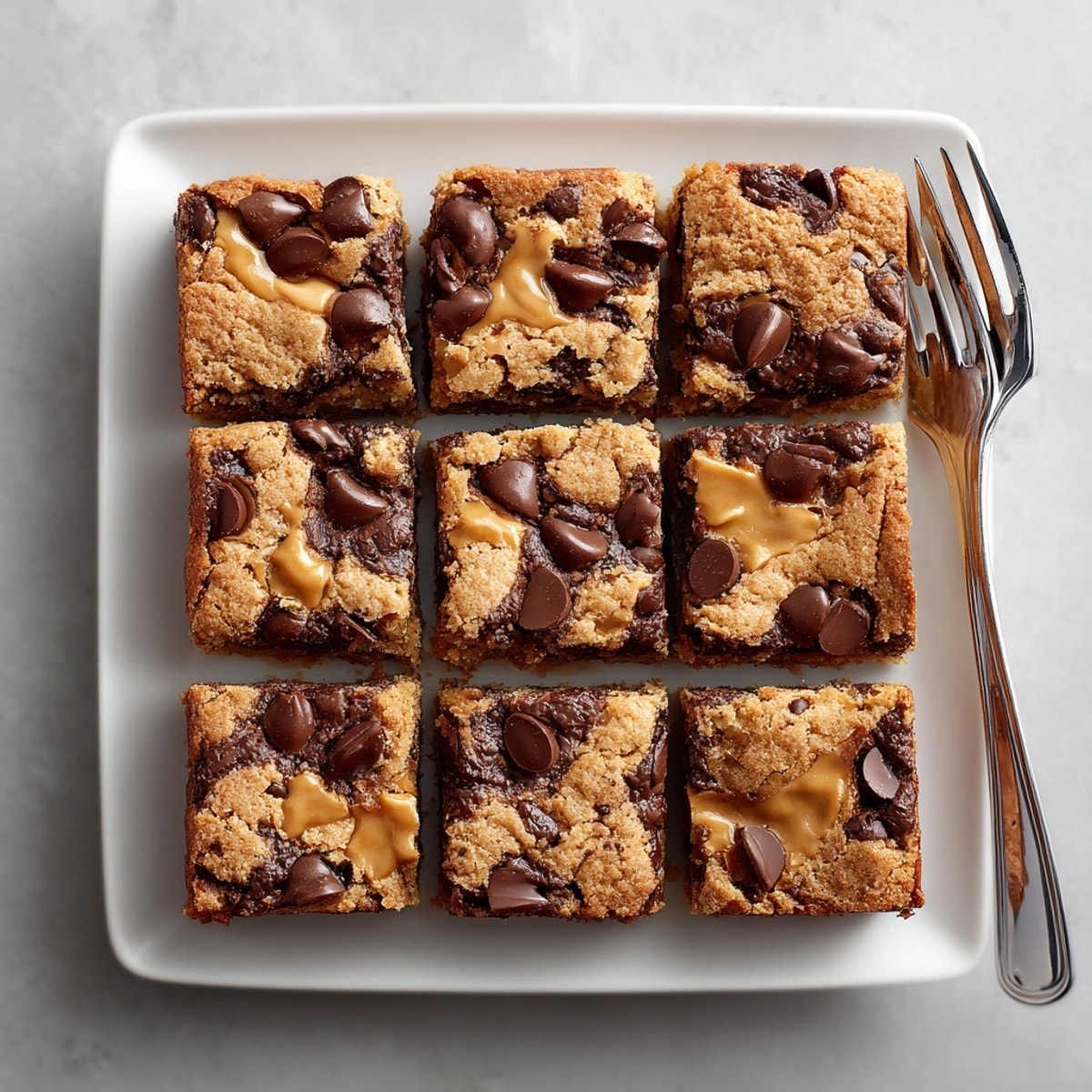 Fudgy chocolate peanut butter blondies served on a white plate, perfect for dessert or an afternoon treat.