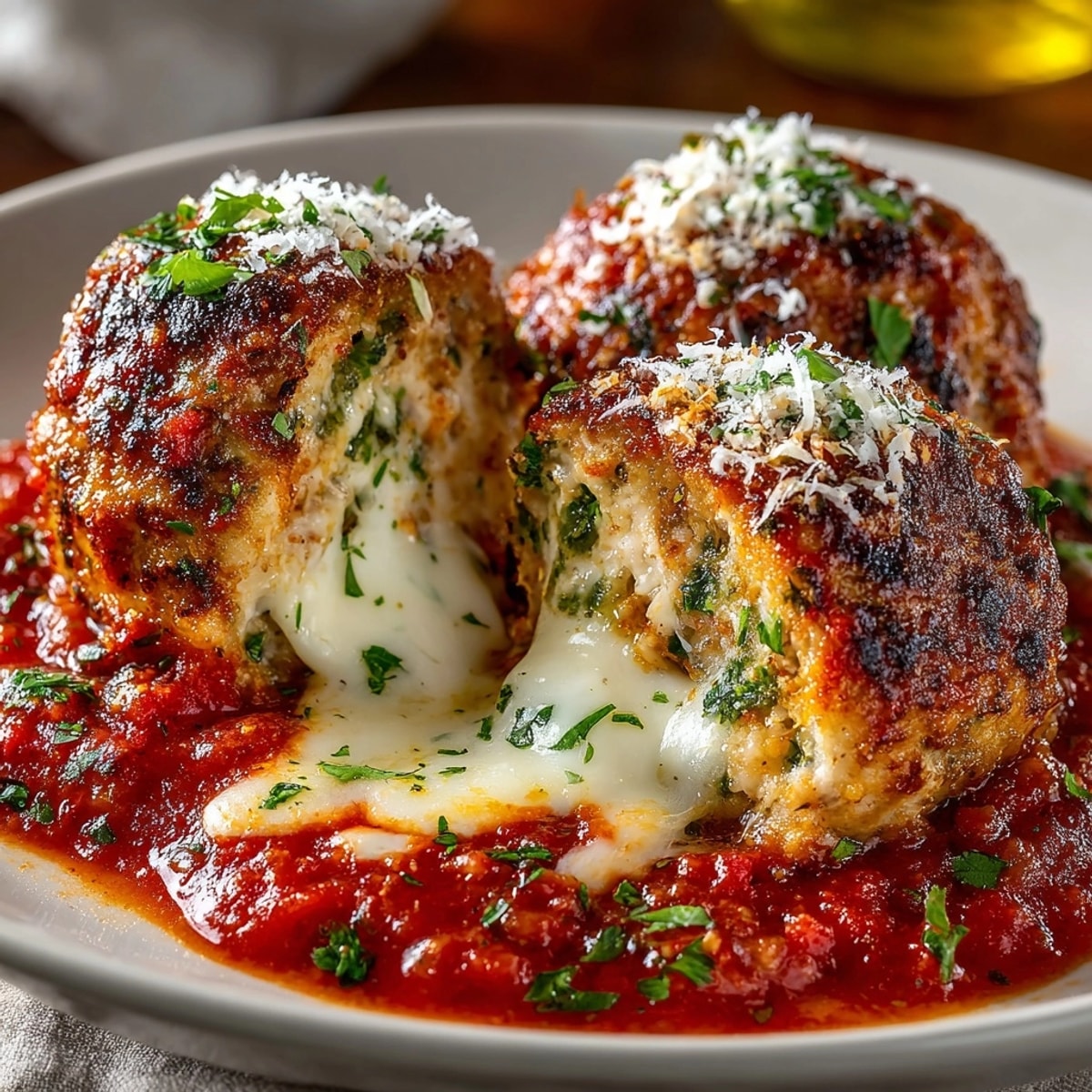 Stuffed Cheese Turkey Meatballs shown golden-baked, oozing cheese inside, with rich tomato sauce.