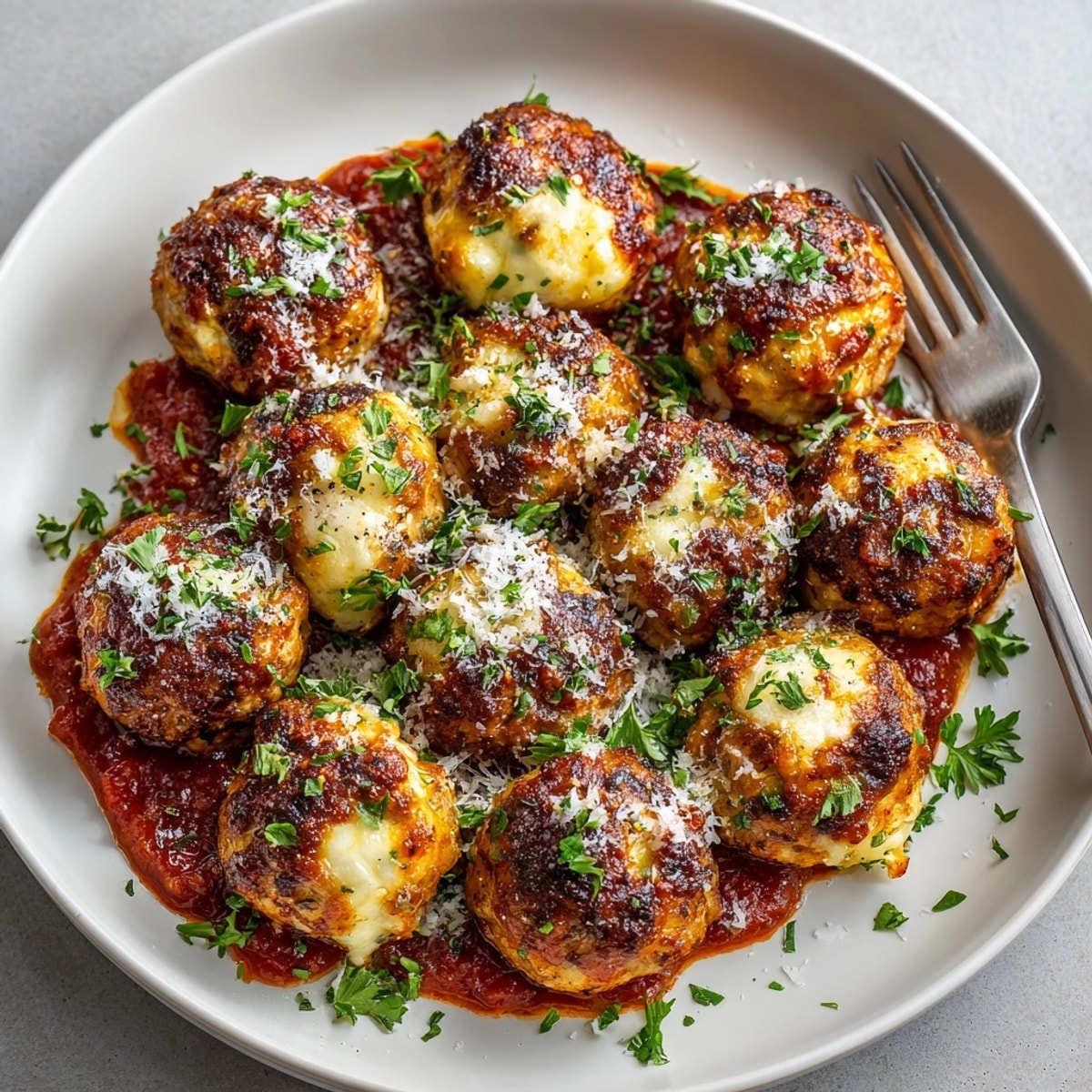 Hearty Stuffed Cheese Turkey Meatballs plated over pasta, garnished with parsley and tangy tomato sauce.