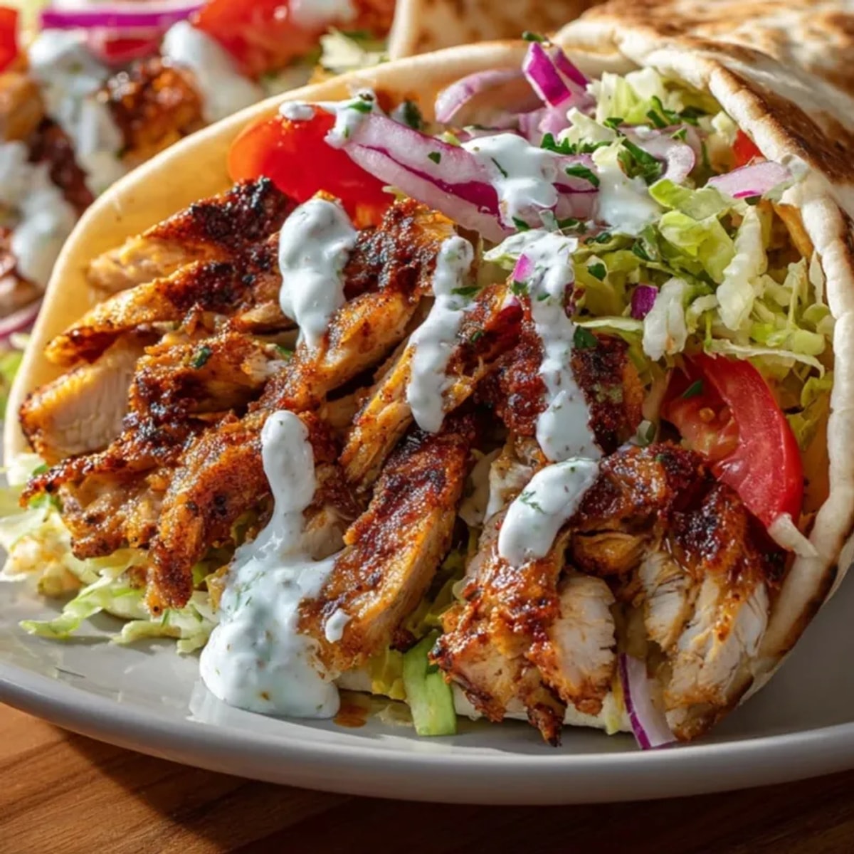 Grilled Chicken Shawarma recipe served in warm pita bread with crisp lettuce and creamy sauce.