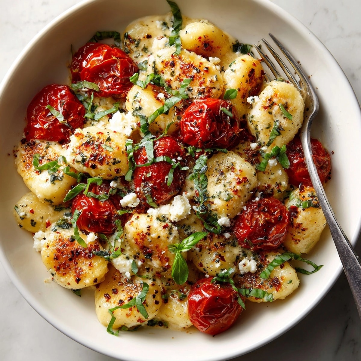 Baked Feta Gnocchi topped with blistered cherry tomatoes, creamy sauce, and fresh basil.