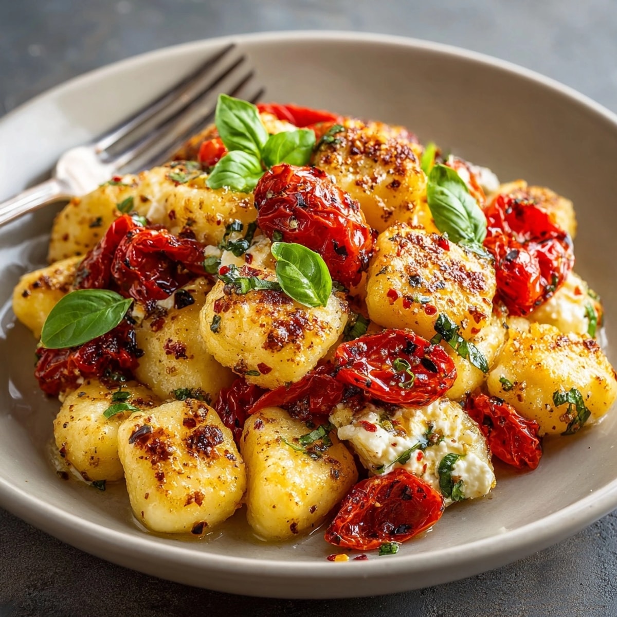 Golden baked feta gnocchi served hot from the oven with roasted tomatoes and bubbling cheese.