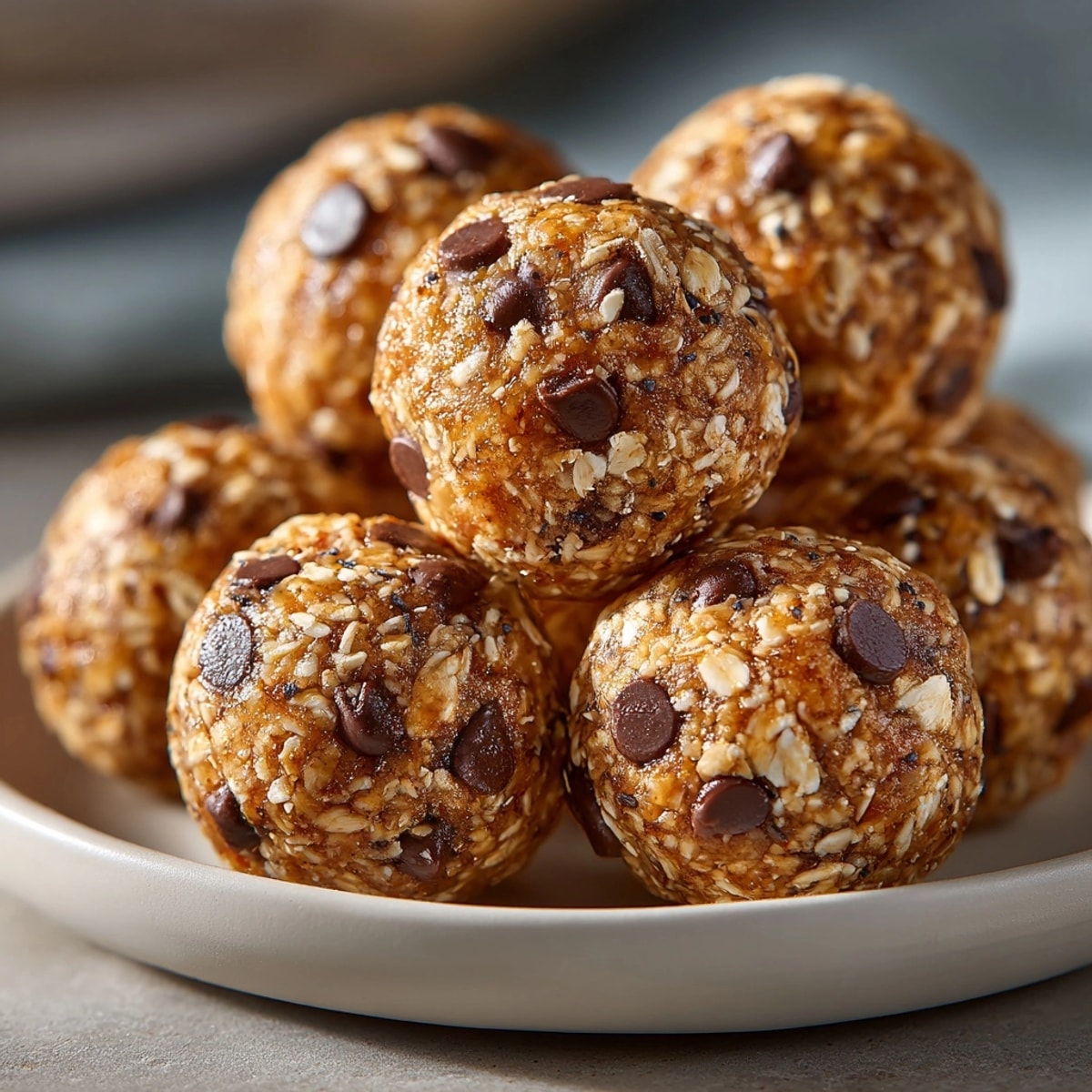 Mint Chocolate Chip Protein Balls arranged on a white plate, highlighting their chewy texture and chocolate chunks.