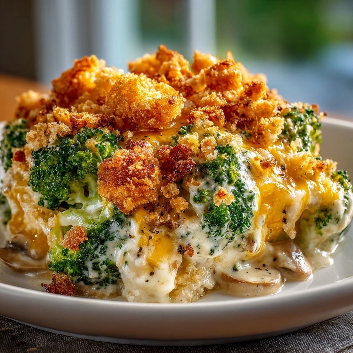 Cheesy Broccoli Casserole baked golden with melted cheddar and crispy cracker topping, ready to serve.