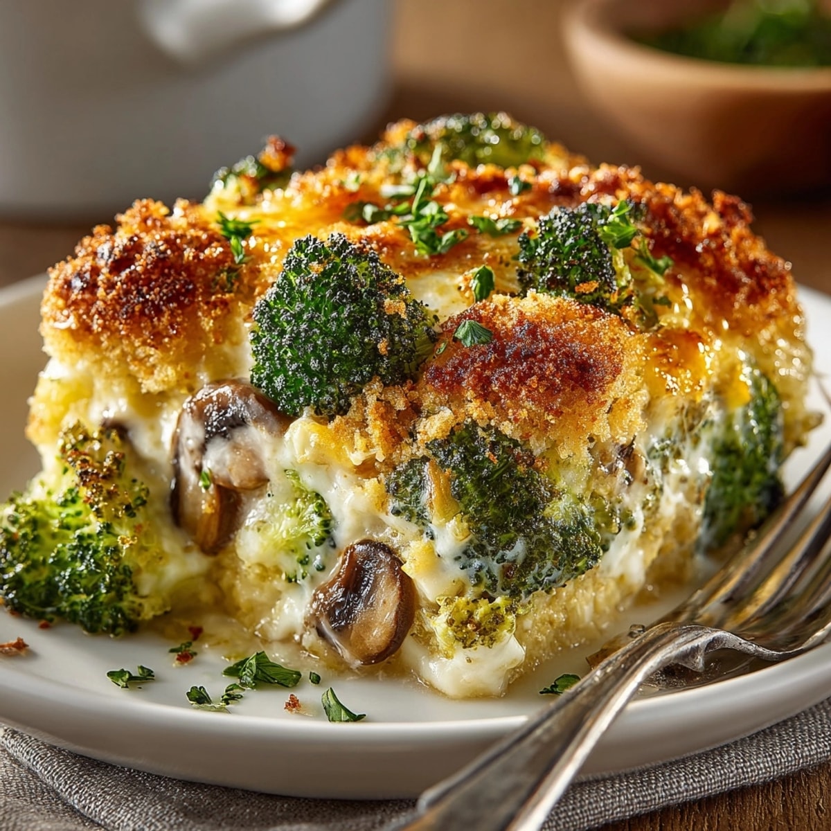 Close-up of creamy Cheesy Broccoli Casserole in a casserole dish, topped with buttery breadcrumbs.