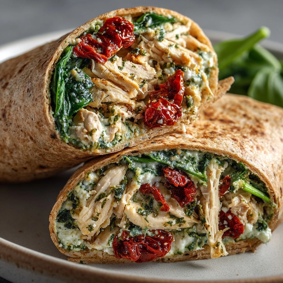 Chicken Pesto Wraps sliced open on a plate, showing juicy chicken and vibrant veggies inside.