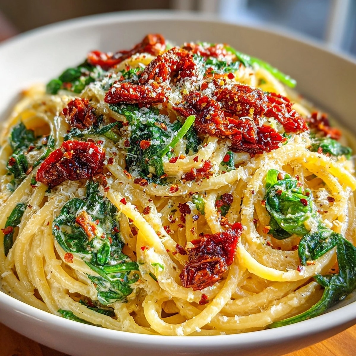 Spaghetti & Spinach with Sun-Dried Tomato Cream Sauce served hot on a rustic dinner plate.