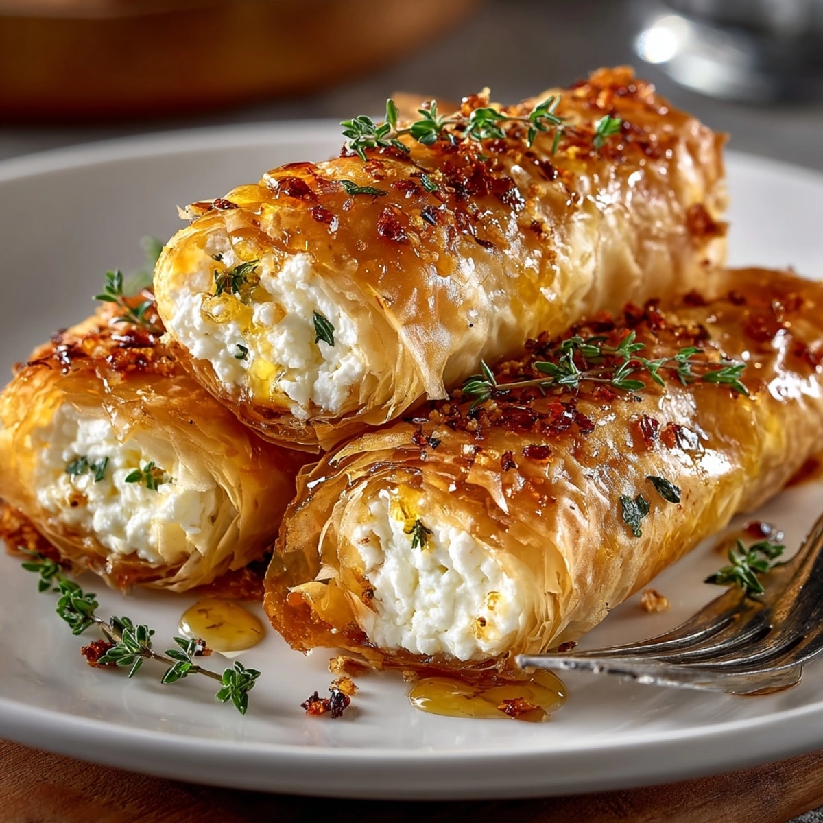 Oven Fried Feta Rolls with Chili Honey glistening on a platter, finished with fresh thyme.