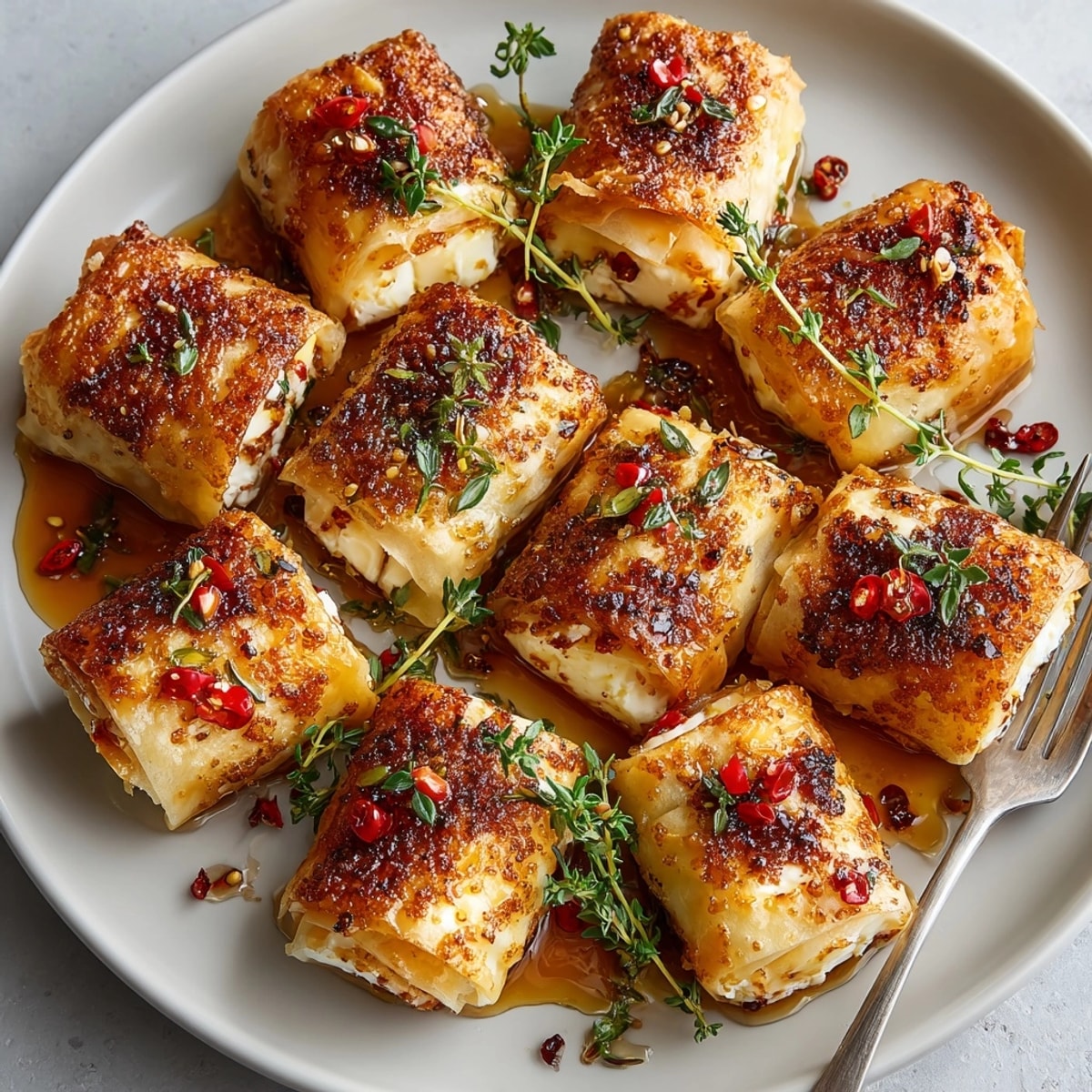 Baked Oven Fried Feta Rolls with Chili Honey served warm and ready for dipping at a party.