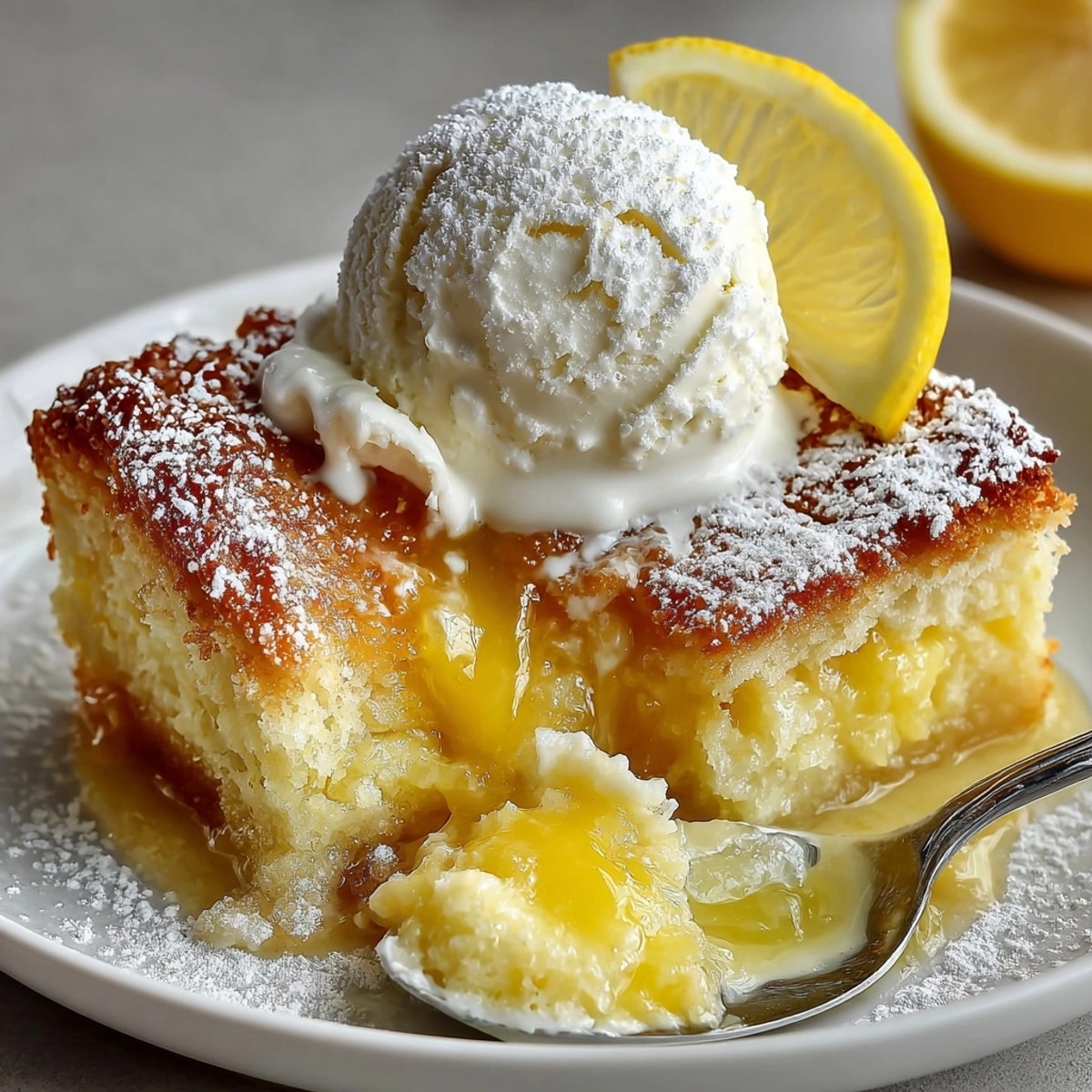 Freshly baked Magic Lemon Cobbler with golden crust and bubbling lemon filling in dish.